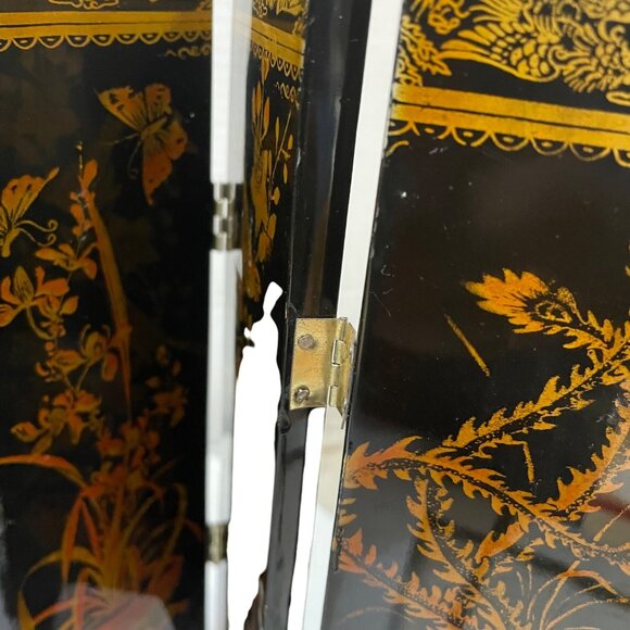 Vintage Asian-Inspired Miniature Folding Screen Room Divider 10" x 17 1/2" With - Picture 6 of 7